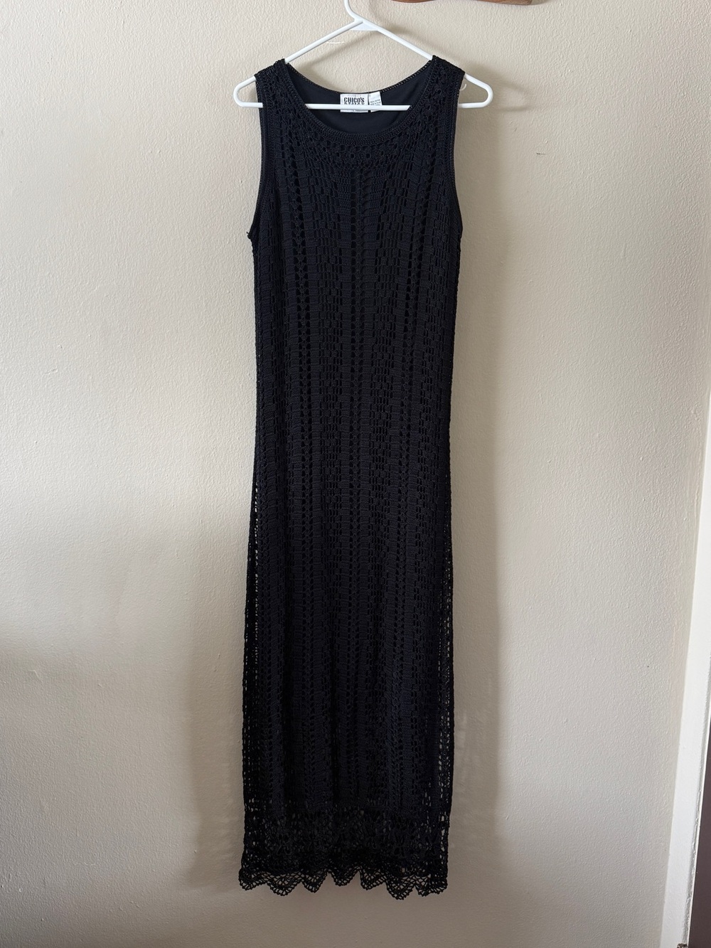 Vintage 90s Y2K Chico's Design Crochet Knit Lined Maxi Dress Black Size 2 / L